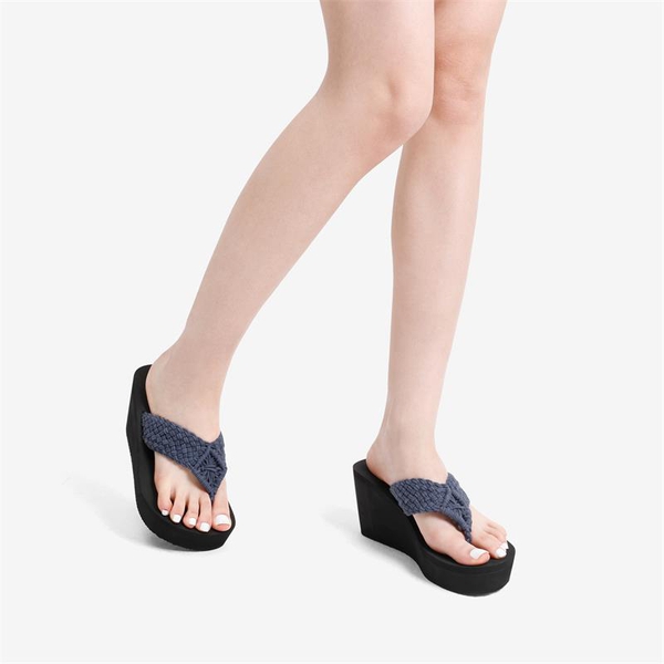 Woven Strap Platform Wedge Flip Flops - NAVY - 1